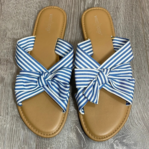 NWOT West Loop Blue and White Striped Bow Sandals Slides L (9/10) - Picture 1 of 8